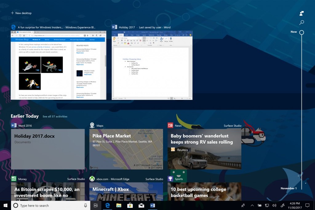Windows 10 Task View and Timeline